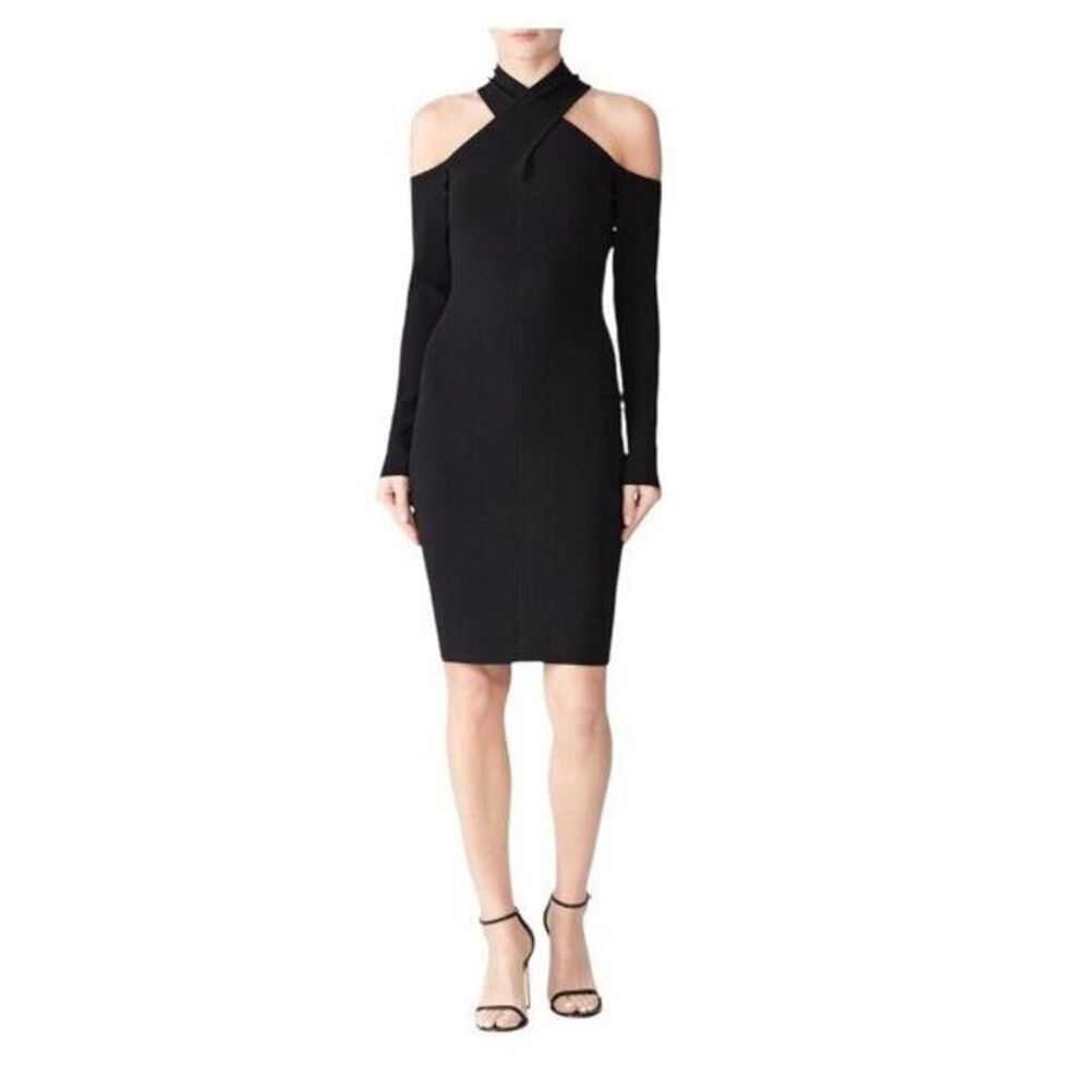 MILLY Infusion Knit Dress Black Bodycon Stretch Size Small Cutout Cold Shoulder‎